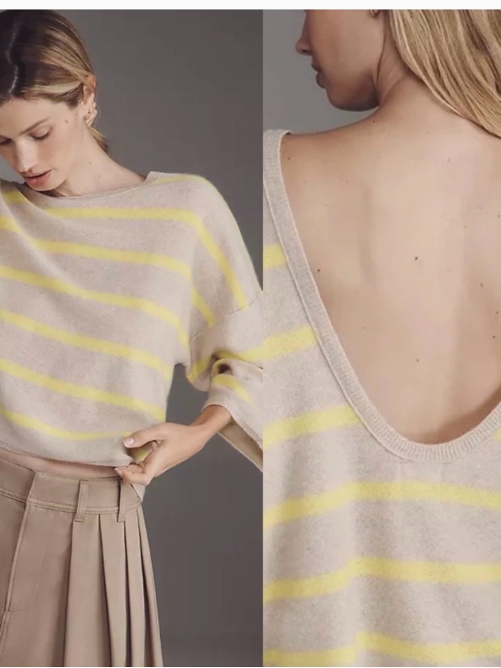 Cream and Yellow Striped cashmere Sweater - Open Back